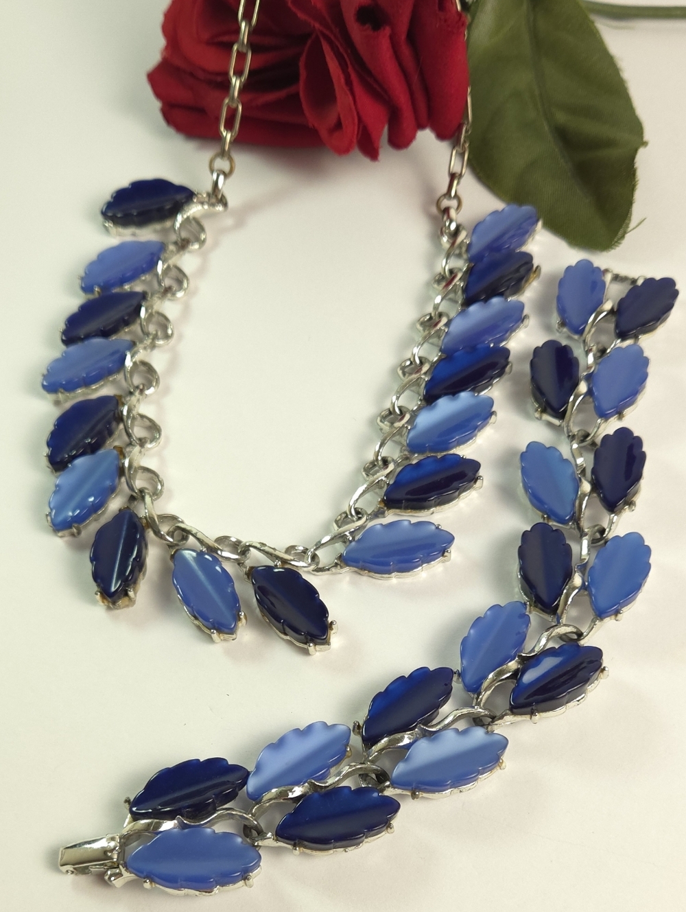 Vintage Blue Thermoset Silver Tone Leaf Necklace & Bracelet Set Marked Rhapsody